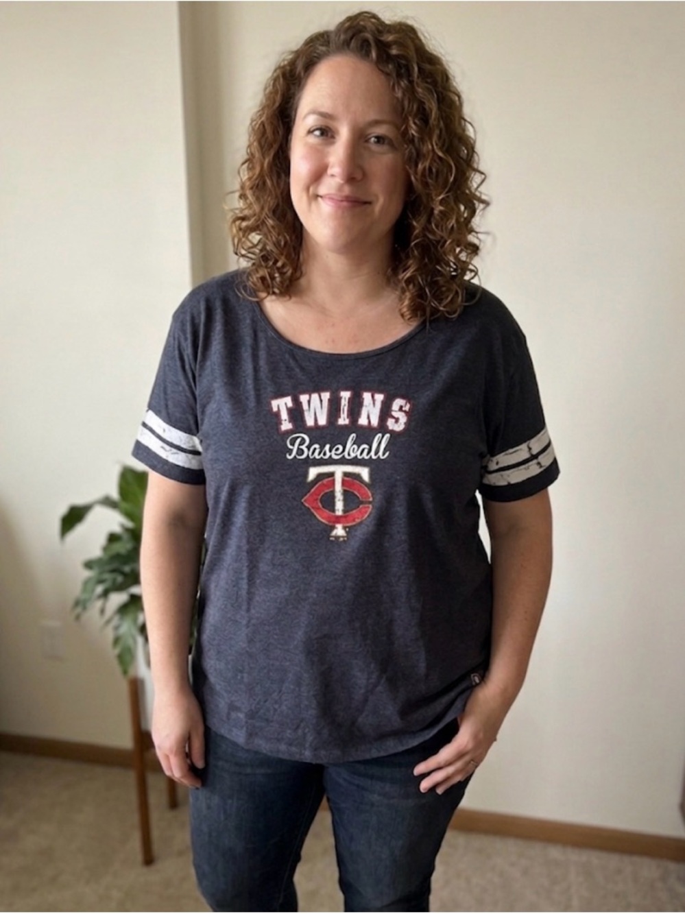 Majestic Navy Tee with White Sleeve Stripes and Red Logo